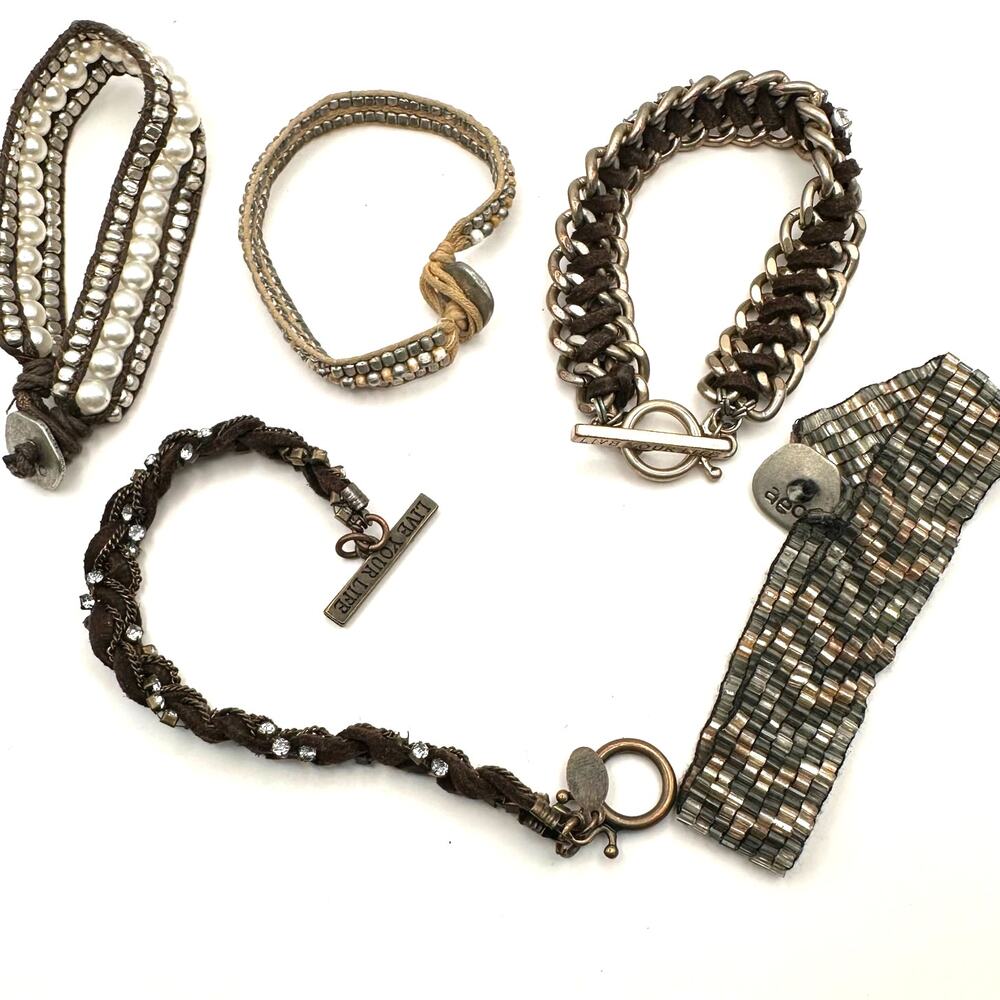 American Eagle Bracelet Set Lot of 5 Brown Boho Jewelry AEO Beaded Pearl SIlver